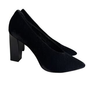 Lafayette 148 New York Black Velvet Block Heel Pump Women's 8/38 Pointed Toe NIB